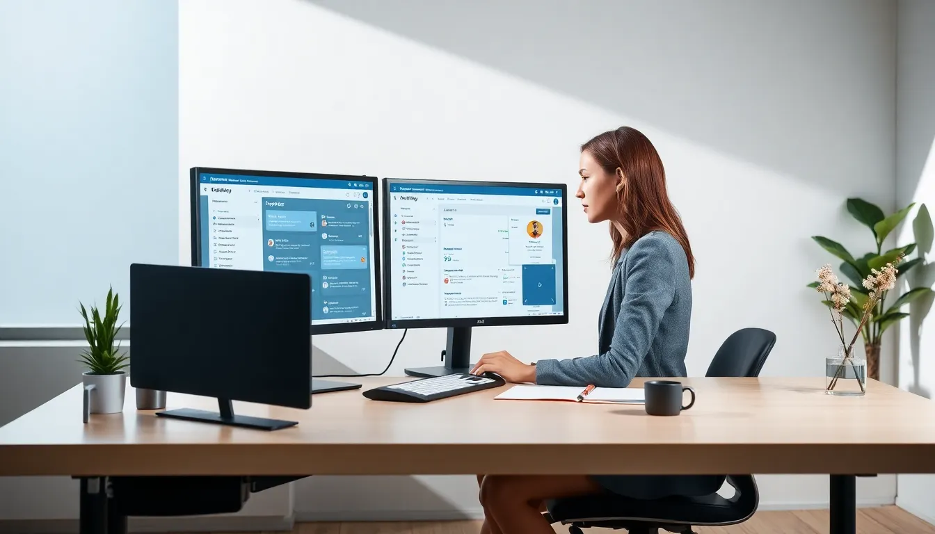 professional woman using Kowlaskypage in a modern office setting.